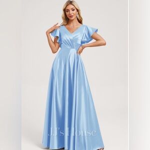 JJs House Satin Light Blue V-Neck Flutter Sleeve A-Line Gown